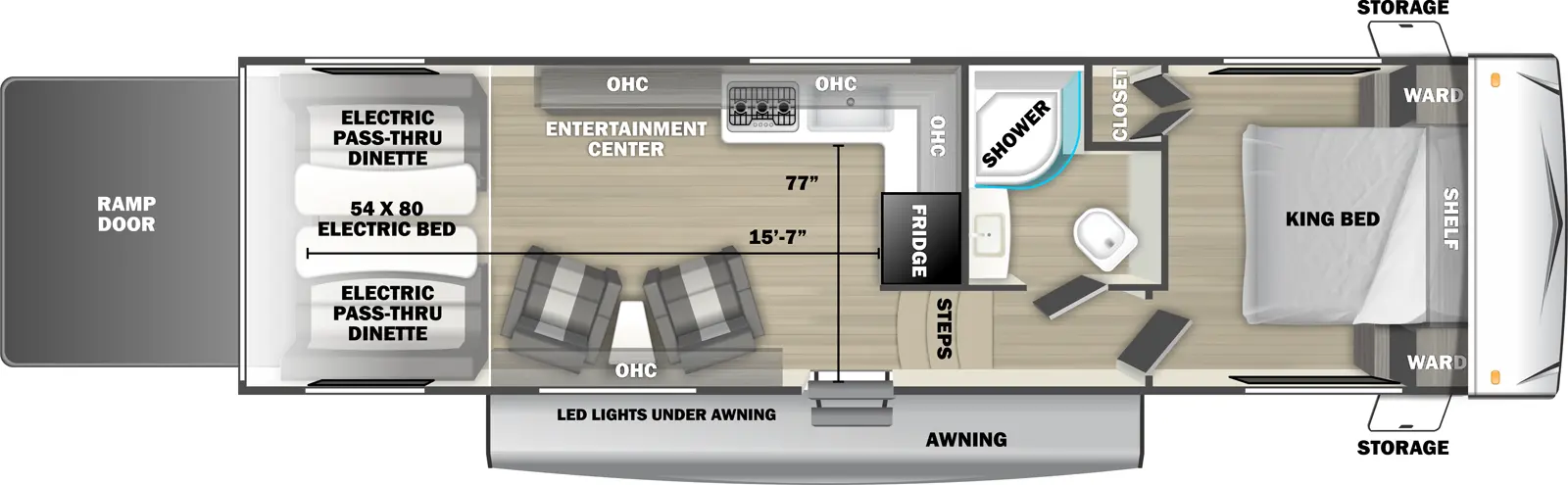 The 2710SRX fifth wheel has no slide outs, 1 entry door and 1 rear ramp door. Exterior features include an awning with LED lights and front opposing side storage access. Interior layout from front to back includes front bedroom with foot-facing King bed, shelf over the bed, front corner wardrobes and front facing closet; off-door side bathroom with radius shower, toilet and single sink vanity; 3 steps down into the kitchen area with off-door side L-shaped countertop, stovetop, L-Shaped overhead cabinets, sink and rear facing refrigerator; 2 door side recliners with end table; ceiling fan; off-door side entertainment center with overhead cabinet; and rear 54 x 80 electric bed over electric pass-through dinette. Cargo length from rear of unit to refrigerator is 15 ft. 7 in. Cargo width from countertop to door side wall is 77 inches.